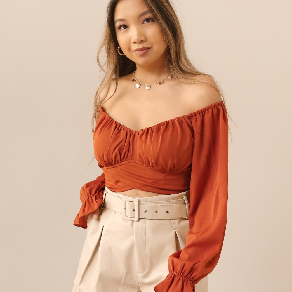 Red wrap off the shoulder crop long sleeve top